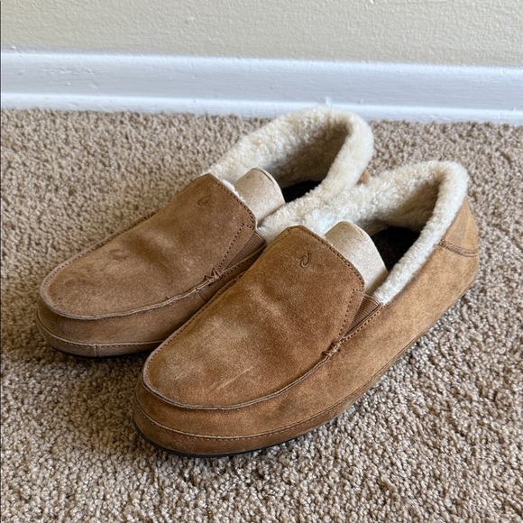 Olukai Women’s Ku’una Brown Suede Leather Sheepskin Fur Slip On Shoes Slippers - Picture 1 of 9